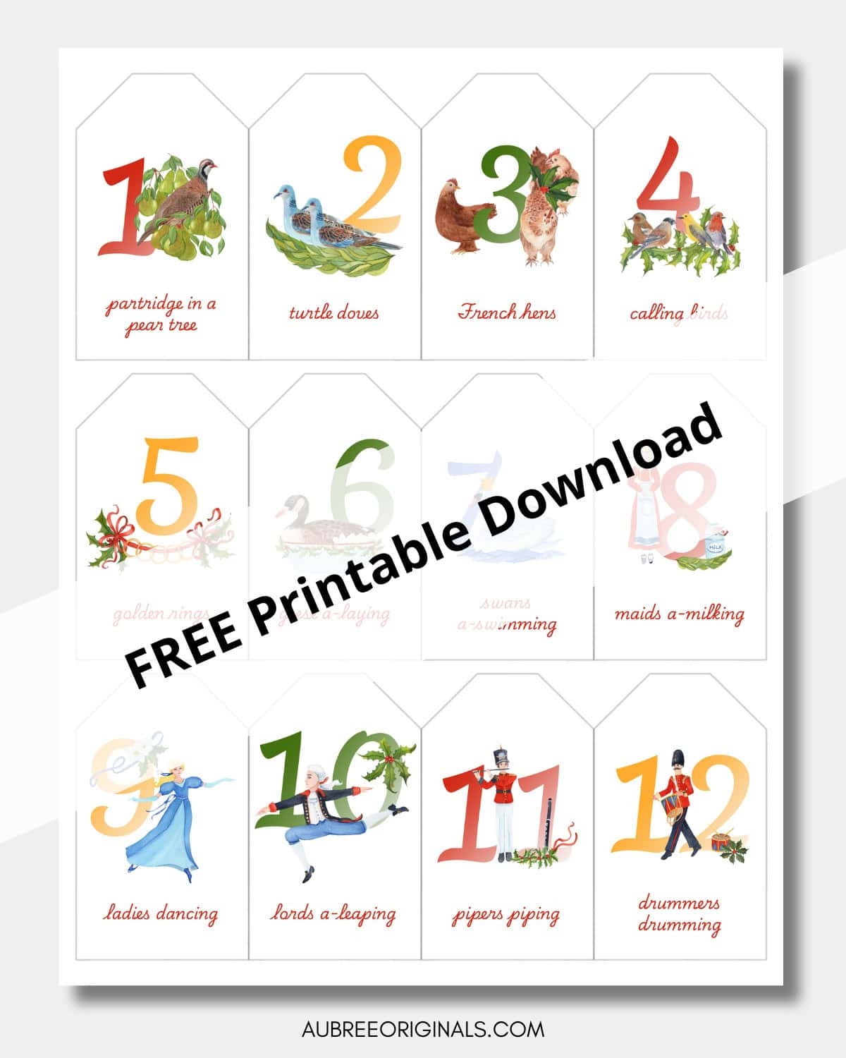 12 days of christmas free printable gift tags aubree originals