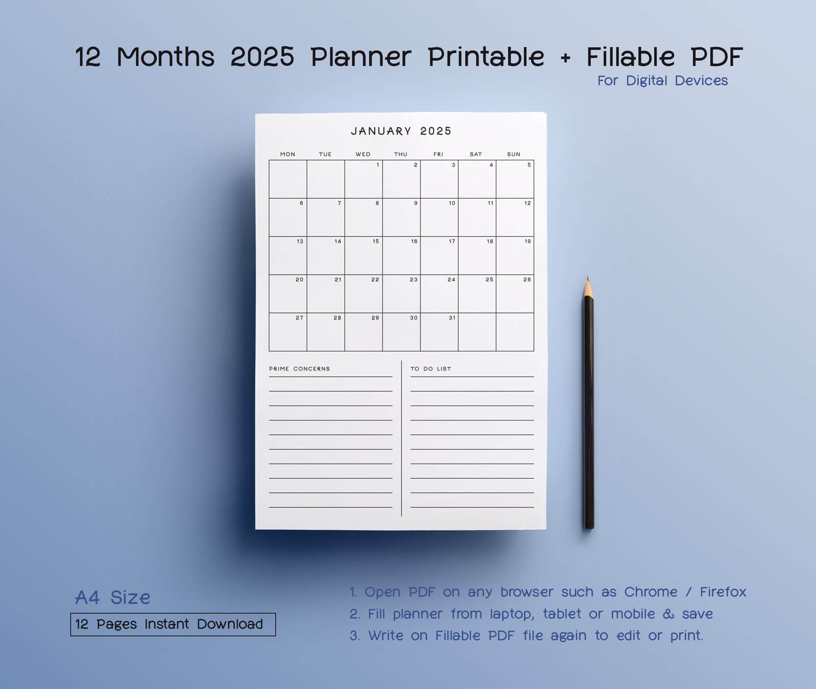 12 Month Planner Calendar 2025 Printable PDF Fillable PDF For 3 Designbolts