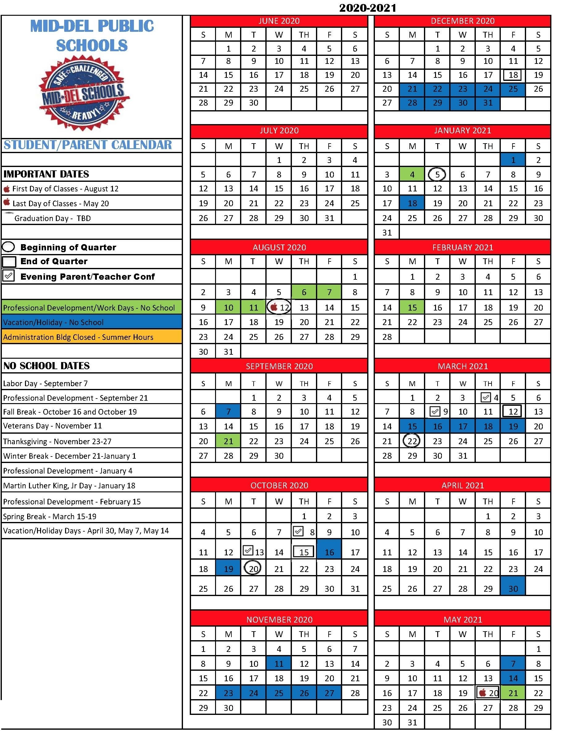 2020 2021 District Calendar Soldier Creek Elementary School