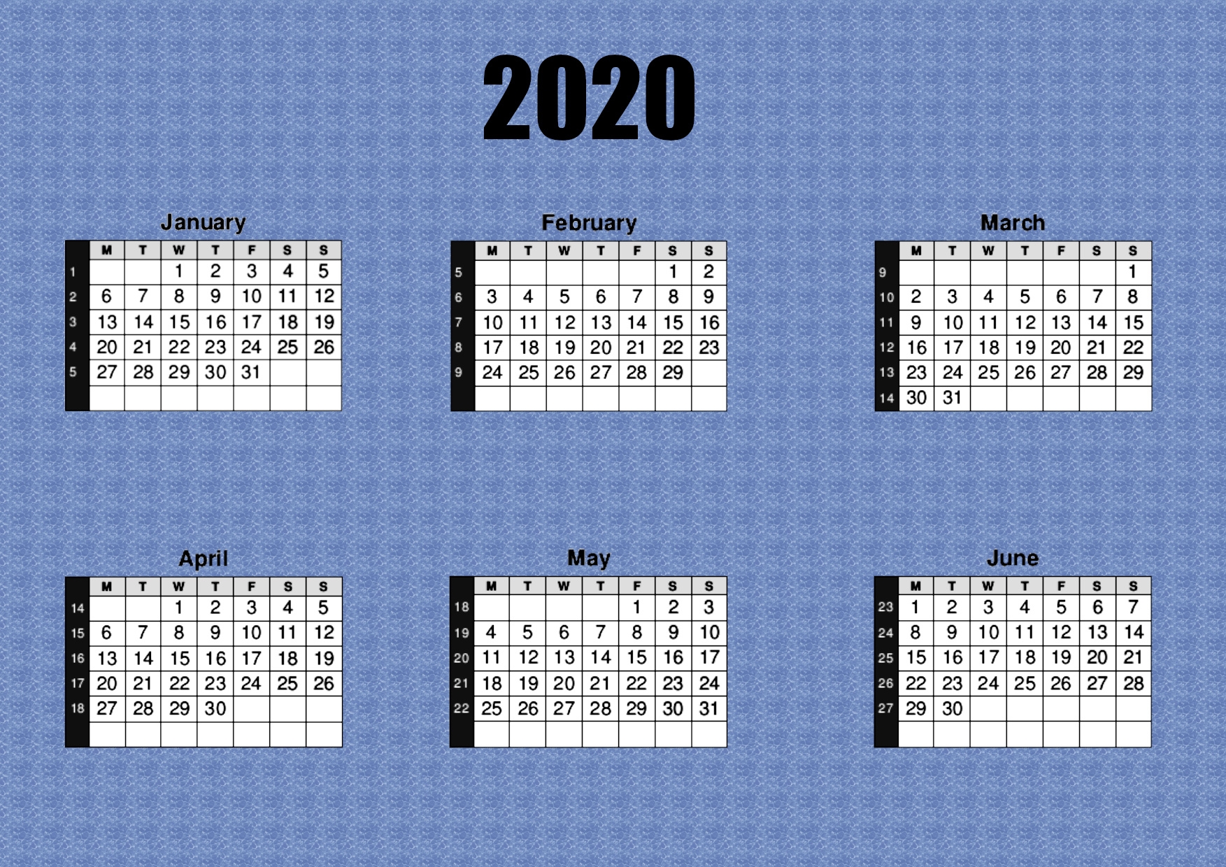 2020 Calendar 6 Months Per Page 