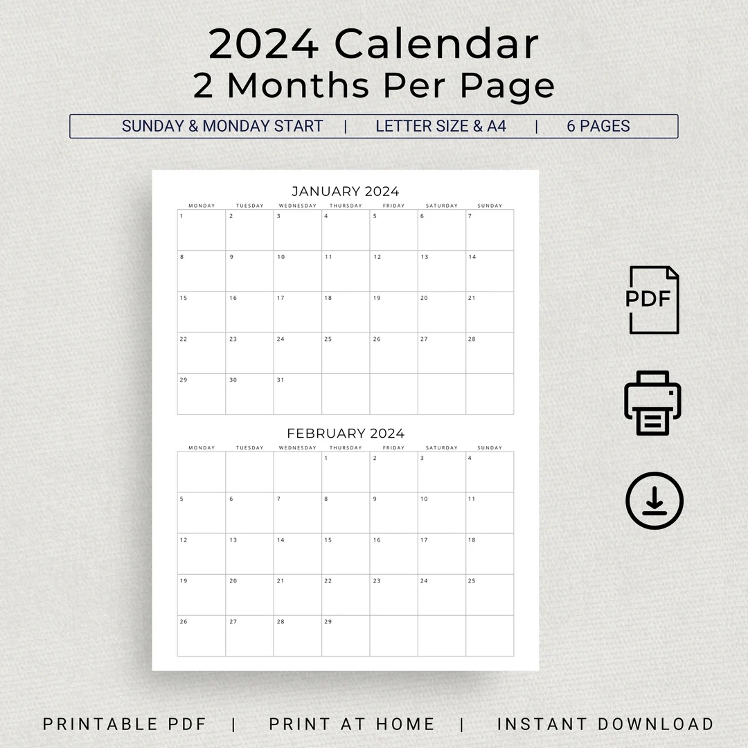 2024 2 Month Calendar 2024 Planner Calendar Wall Calendar 2 Months Per Page Monthly Calendar 2024 Organizer Minimalist Printable Calendar Etsy UK