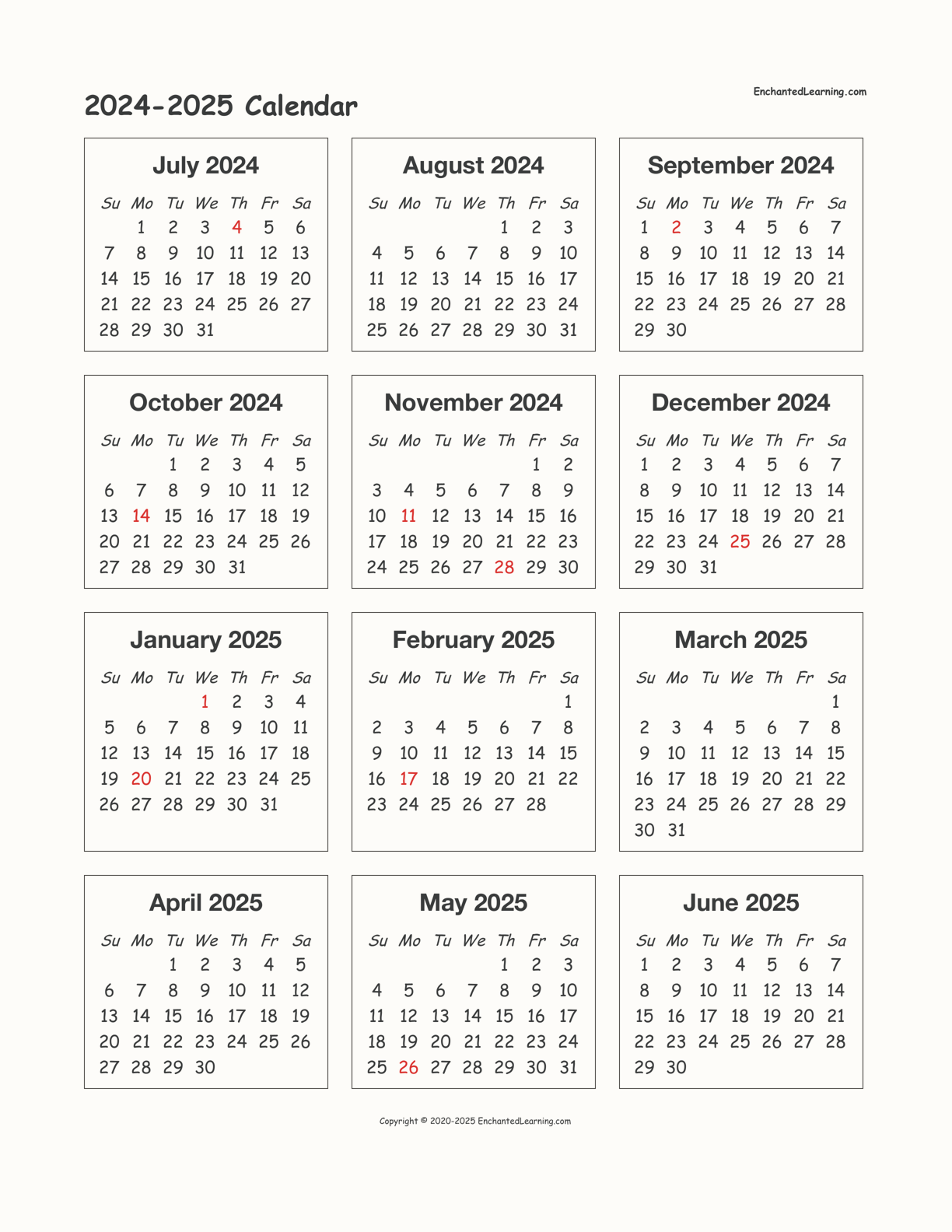 2024 2025 School Year One Page Calendar Enchanted Learning