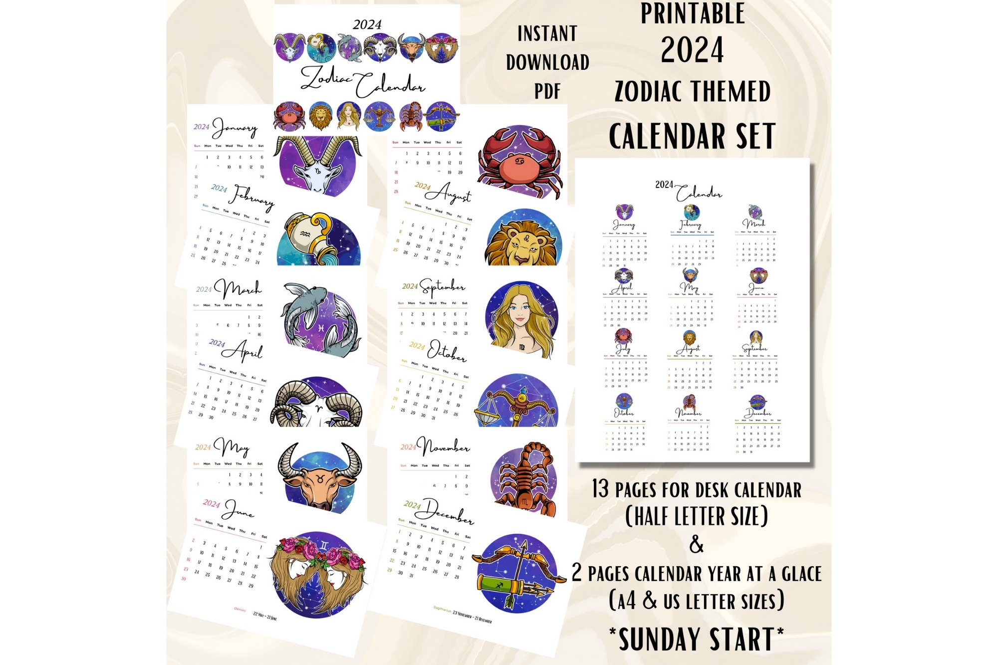 2024 Printable Zodiac Calendar Set Horoscope Themed Monthly