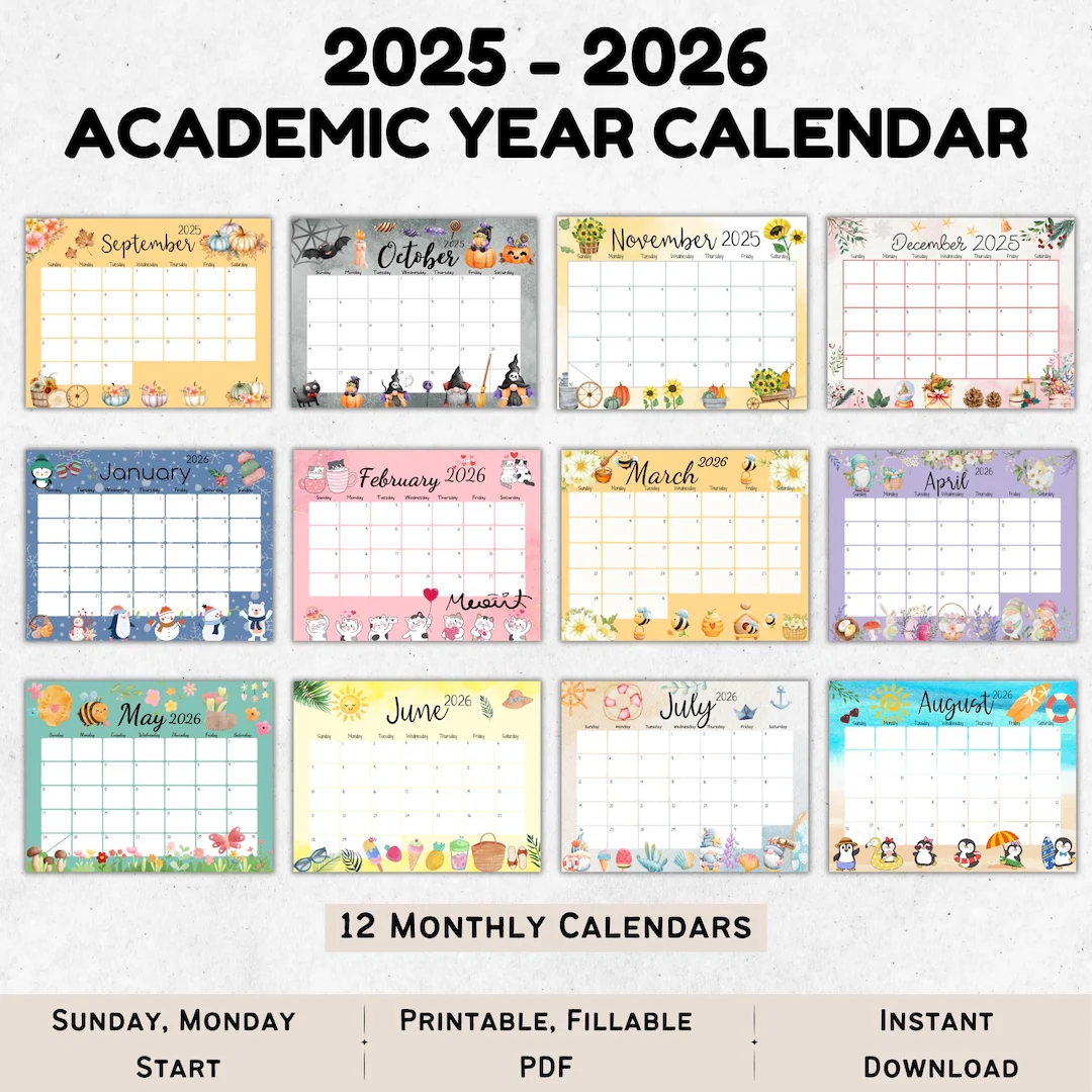 2025 2026 Academic Calendar Bundle Printable Monthly Calendar PDF Cute Kids Calendar Fillable PDF Sunday Monday Start Instant Download Etsy