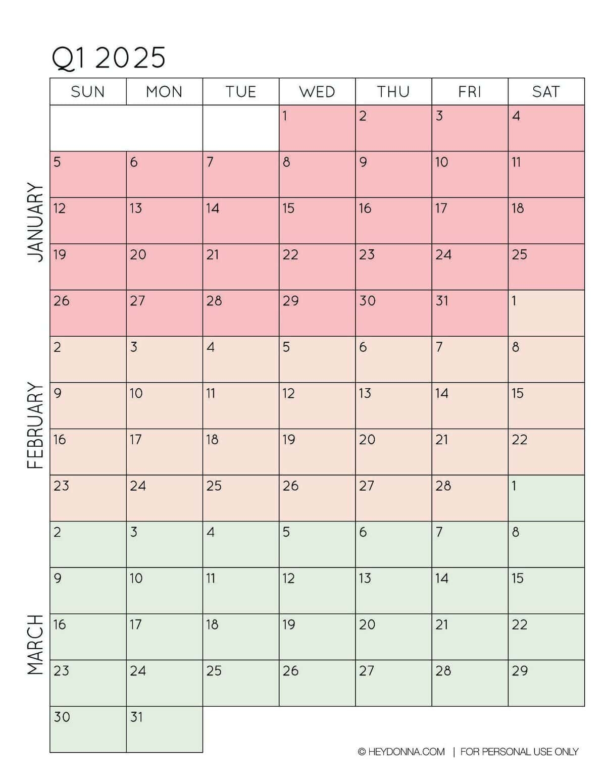 Color Calendar 2025 Printable