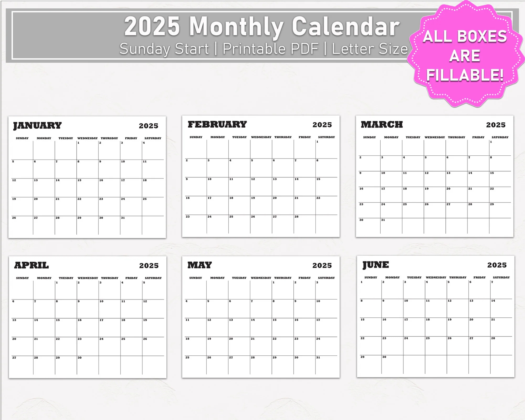 2025 Calendar 2025 Monthly Planner Fillable Minimalist Monthly Calendar Sunday Start Calendar 2025 Letter Size Wall Calendar Printable PDF Etsy
