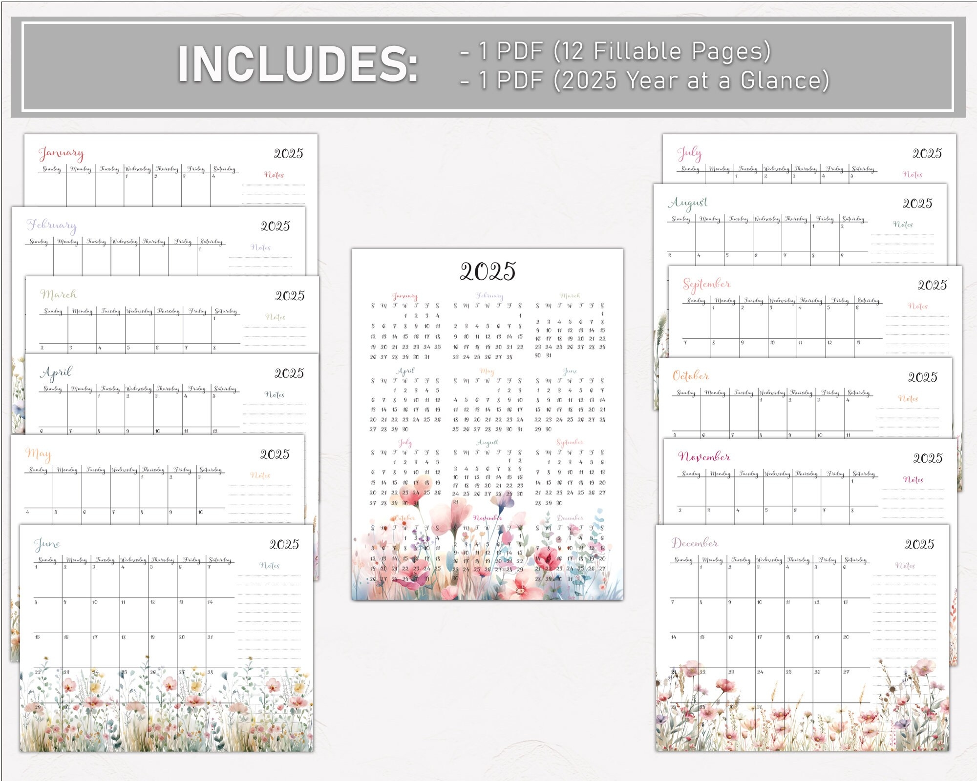 2025 Calendar Floral2025 Monthly Planner Fillable Floral Monthly Calendar Sunday Start Calendar 2025 Letter Size Wall Calendar Printable PDF Etsy