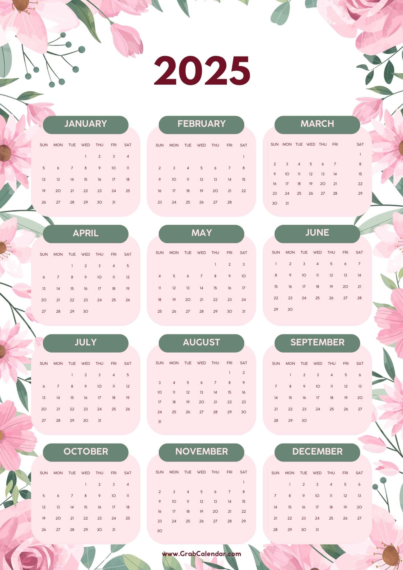 2025 Year Calendar With Holidays Printable