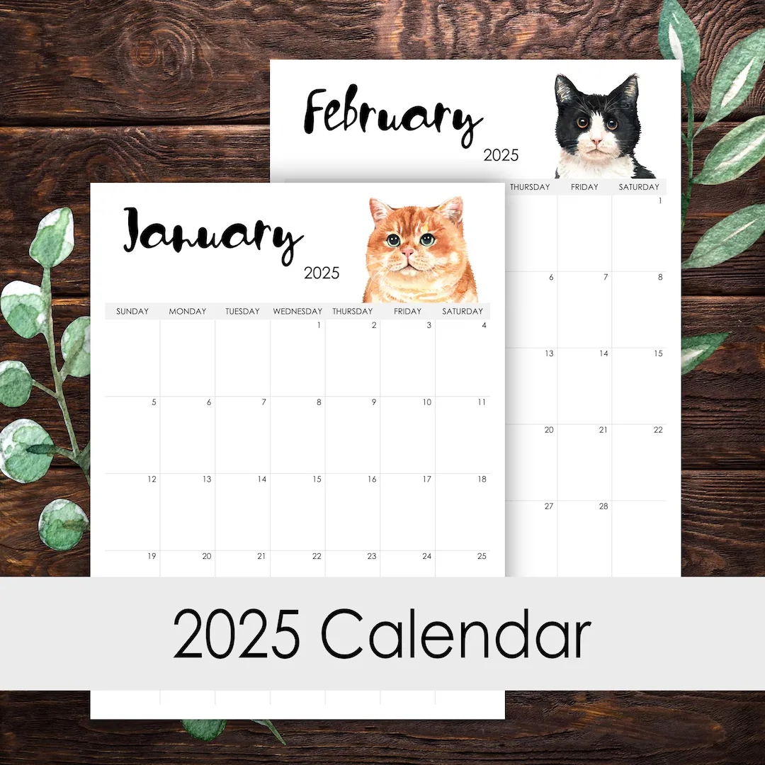 2025 Calendar Printable 12 Months Vertical Layout Watercolor Cats Lover Desk Wall Art Template Letter Size A3 A4 A5 Etsy