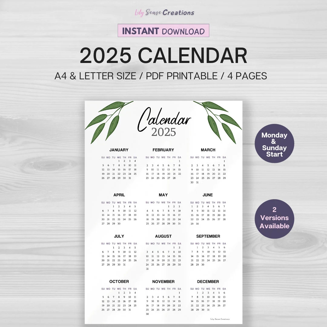 2025 Calendar Printable 2025 Calendar On One Page Wall Calendar Desk Calendar Minimalist Calendar With Leaves Monday Sunday Start Etsy