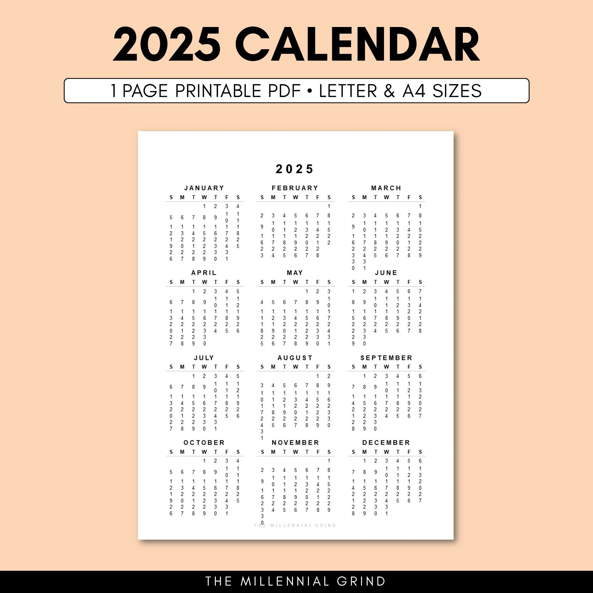 2025 Calendar Printable 2025 Calendar Template 2025 Calendar 2025 Calendar Digital 2025 Yearly Calendar 2025 Calendar A4 Letter Etsy