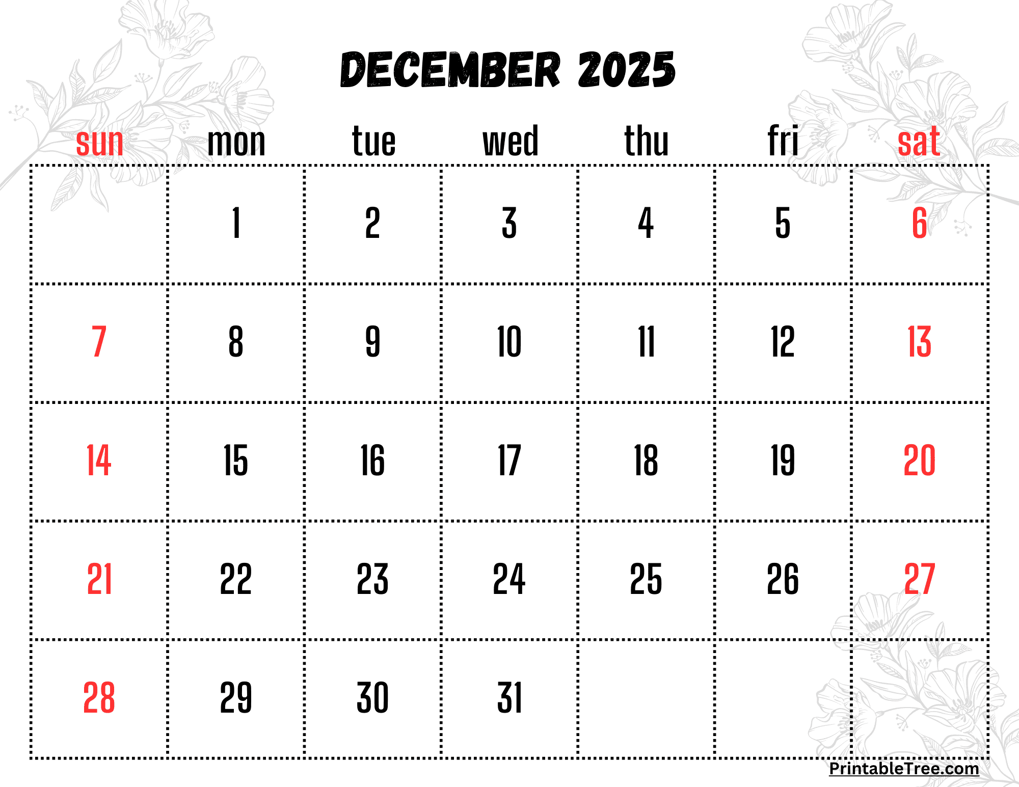 December 2025 Calendar Printable Pdf Free Download