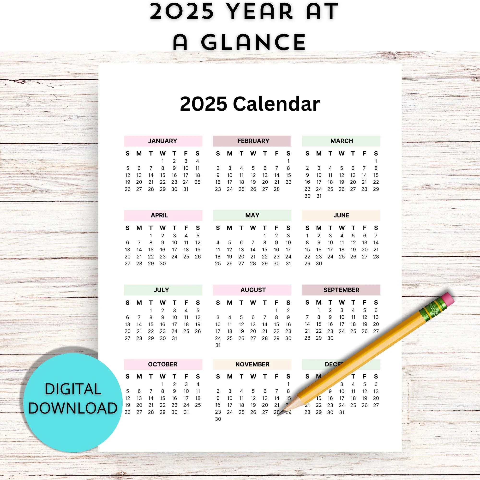 2025 Calendar Printable School Calendar Printable 2025 Year At A Glance Calendar Etsy