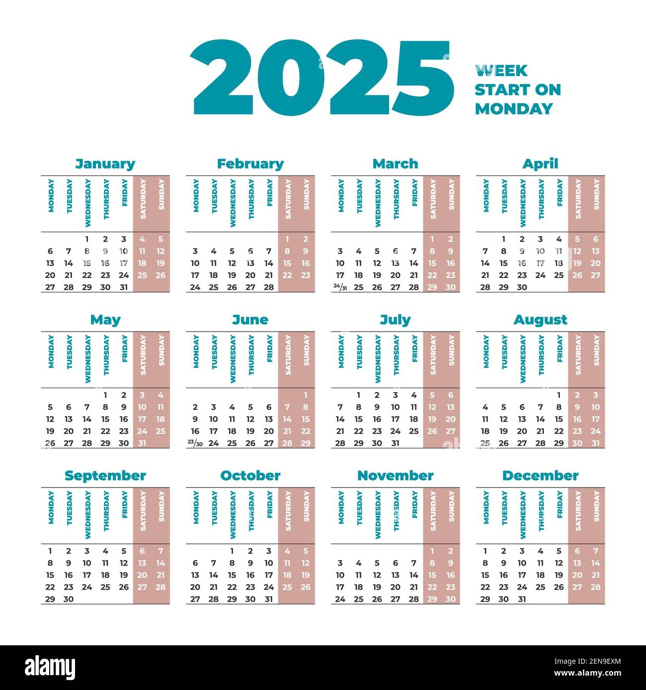 2025 Calendar Template With Weeks Start On Monday Stock Vector Image Art Alamy