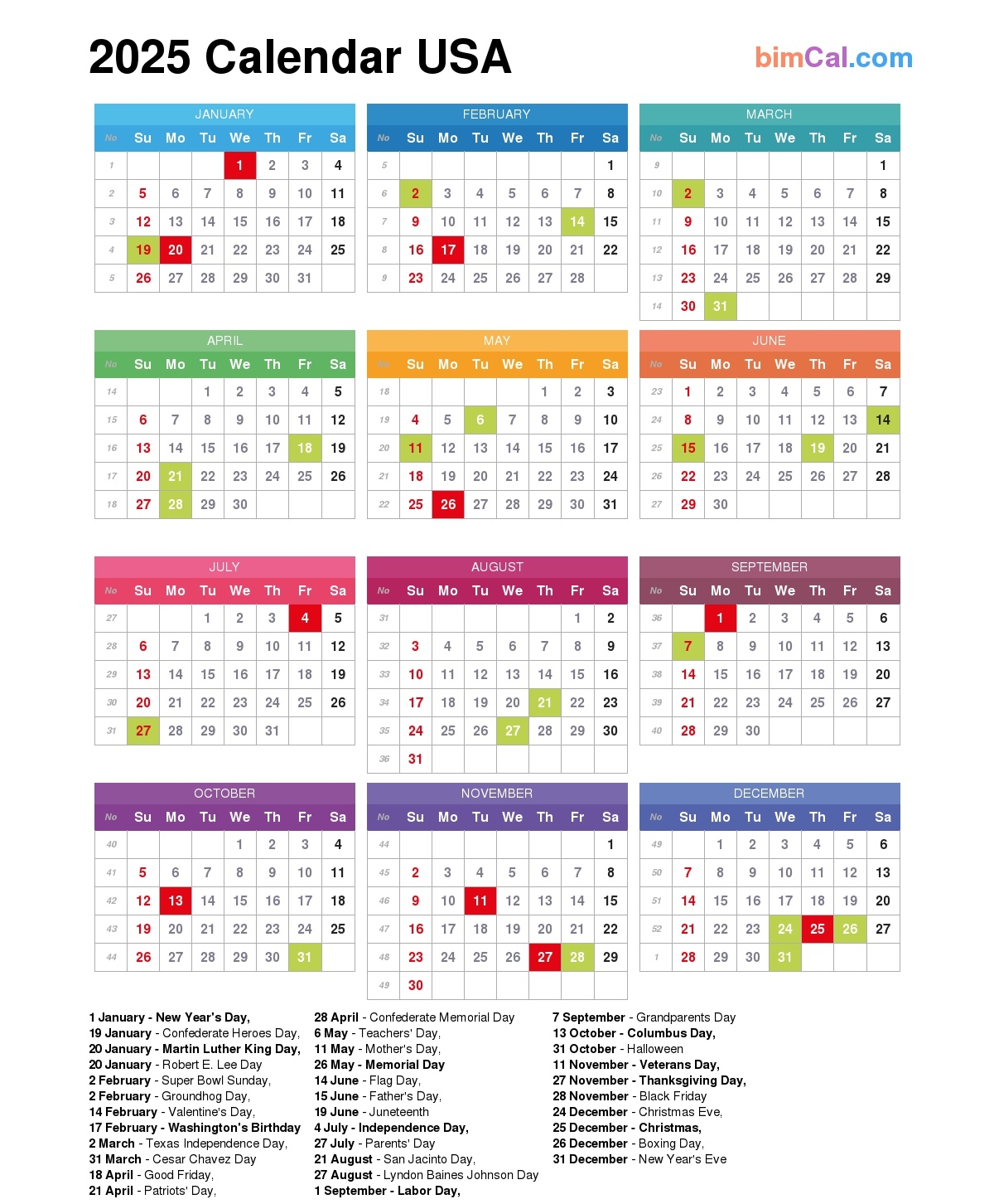 2025 Calendar USA BimCal 2025 Calendar USA BimCal