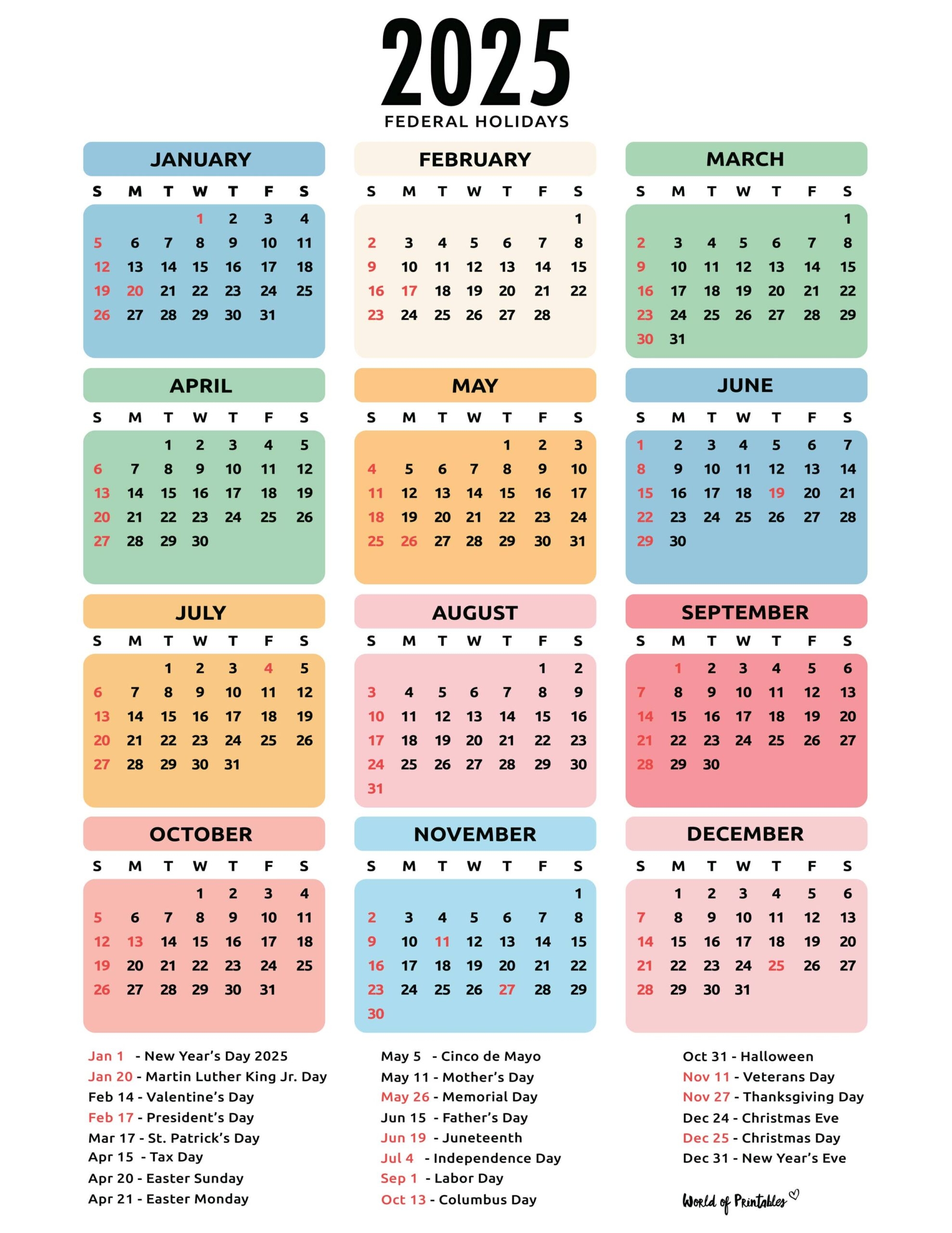 2025 Portrait Calendar With Federal Holidays Printable