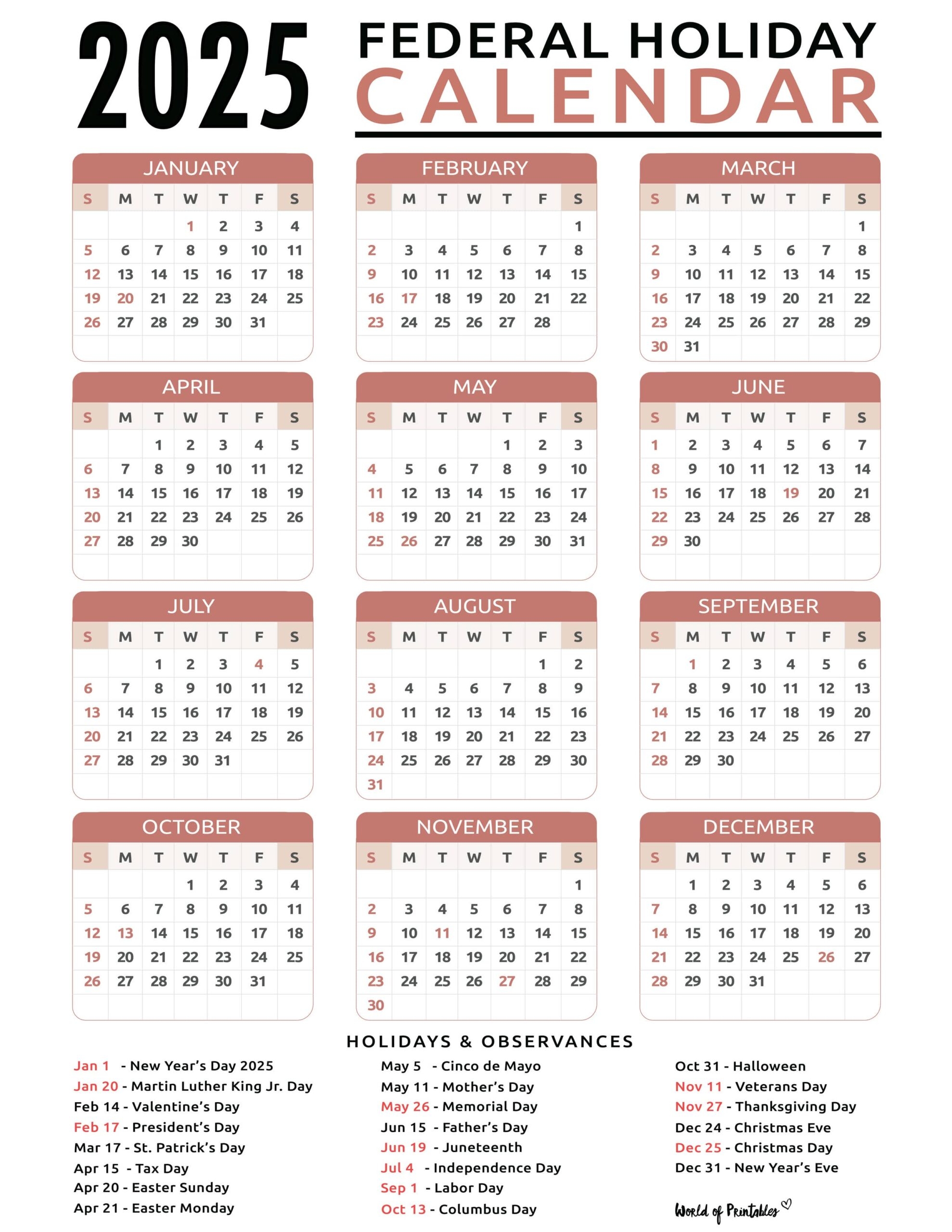 2025 Calendar With Holidays Free Printables In 28 Unique Styles World Of Printables