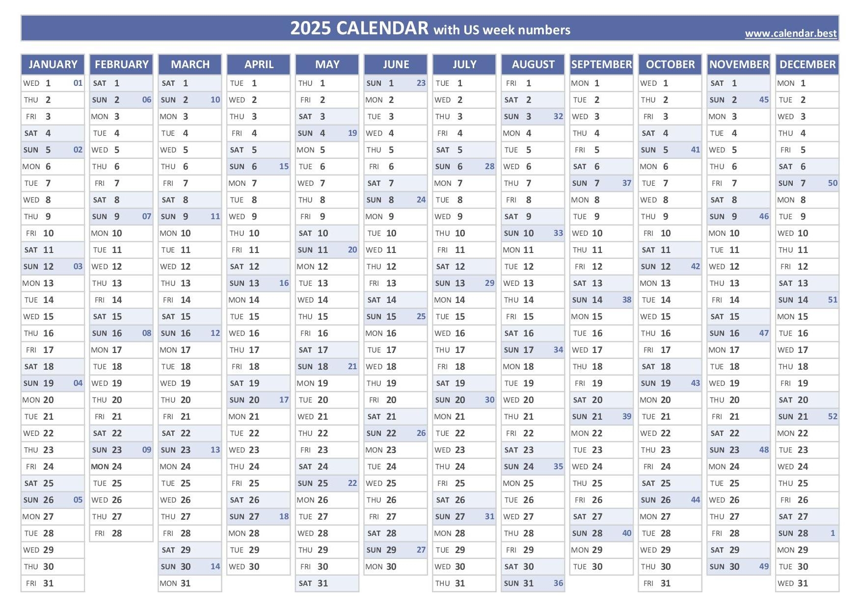 2025 Calendar With Week Numbers US And ISO Week Numbers 