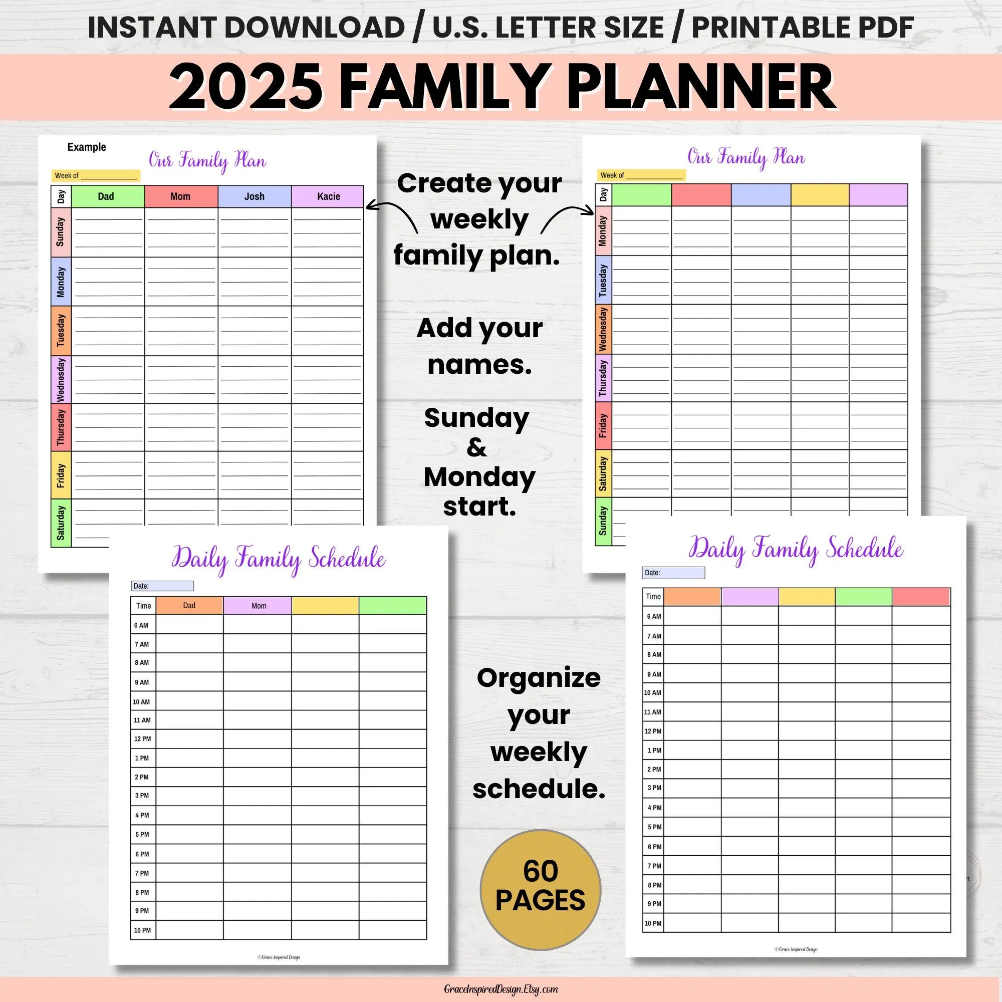 2025 Family Planner Printable Family Calendar 2025 Weekly Family Planner Weekly Family Schedule Family Chore Chart Household Organizer Etsy