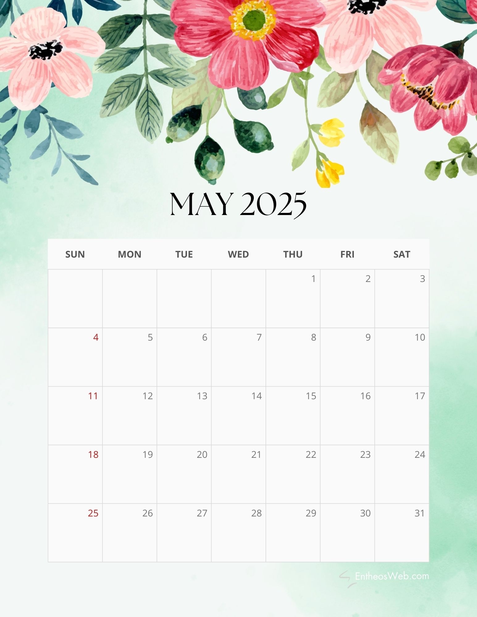 Free Printable Floral 2025 Monthly Calendars