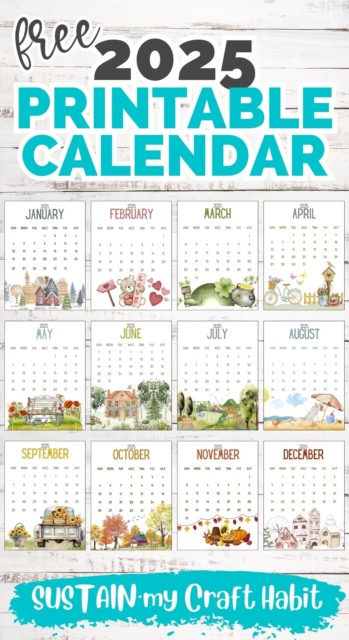 2025 12 Month Calendar Printable Free