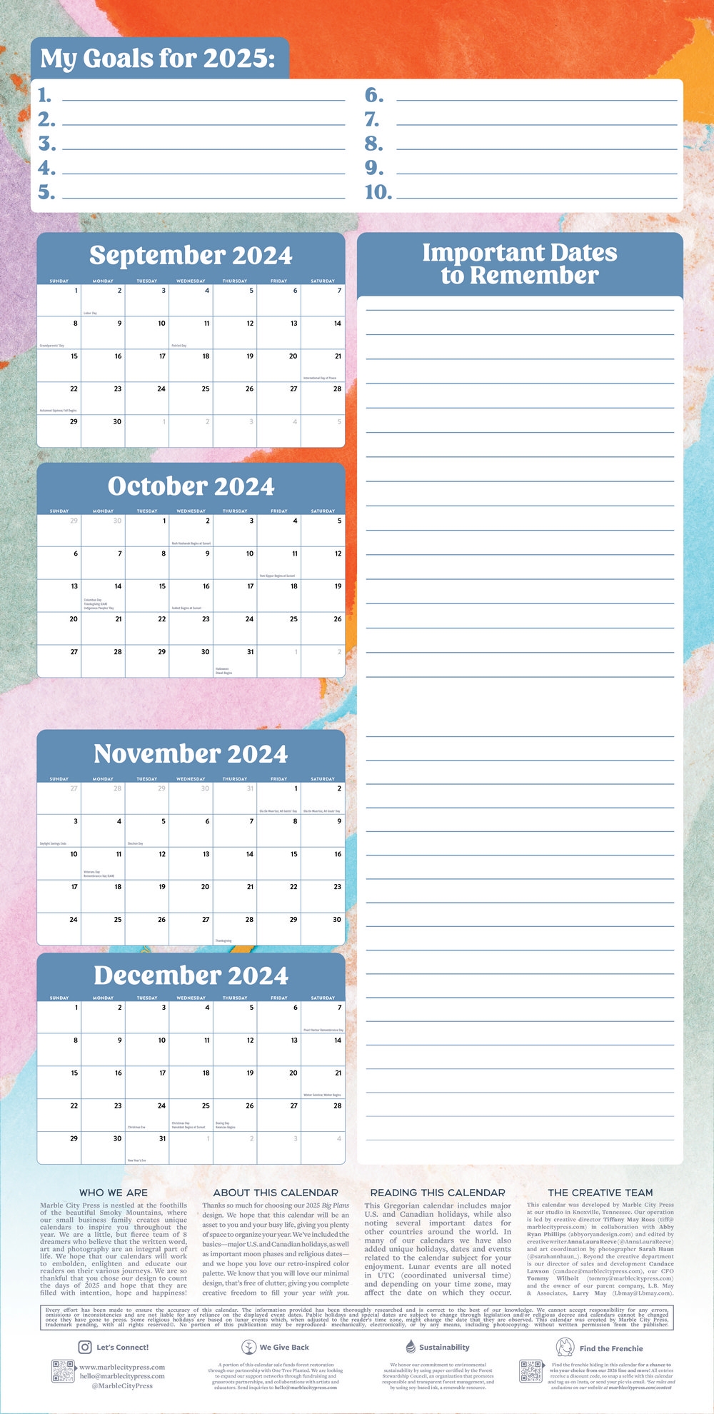 2025 Large Grid Color Splash Wall Calendar Marble City Press