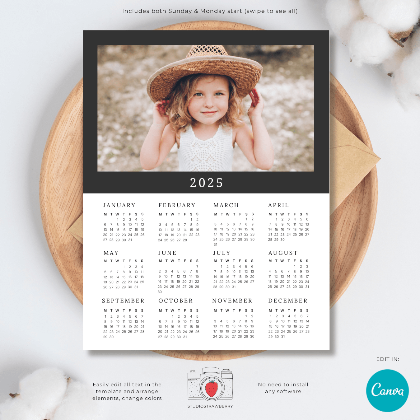 2025 Photo Calendar Template For Canva Photoshop Strawberry Kit