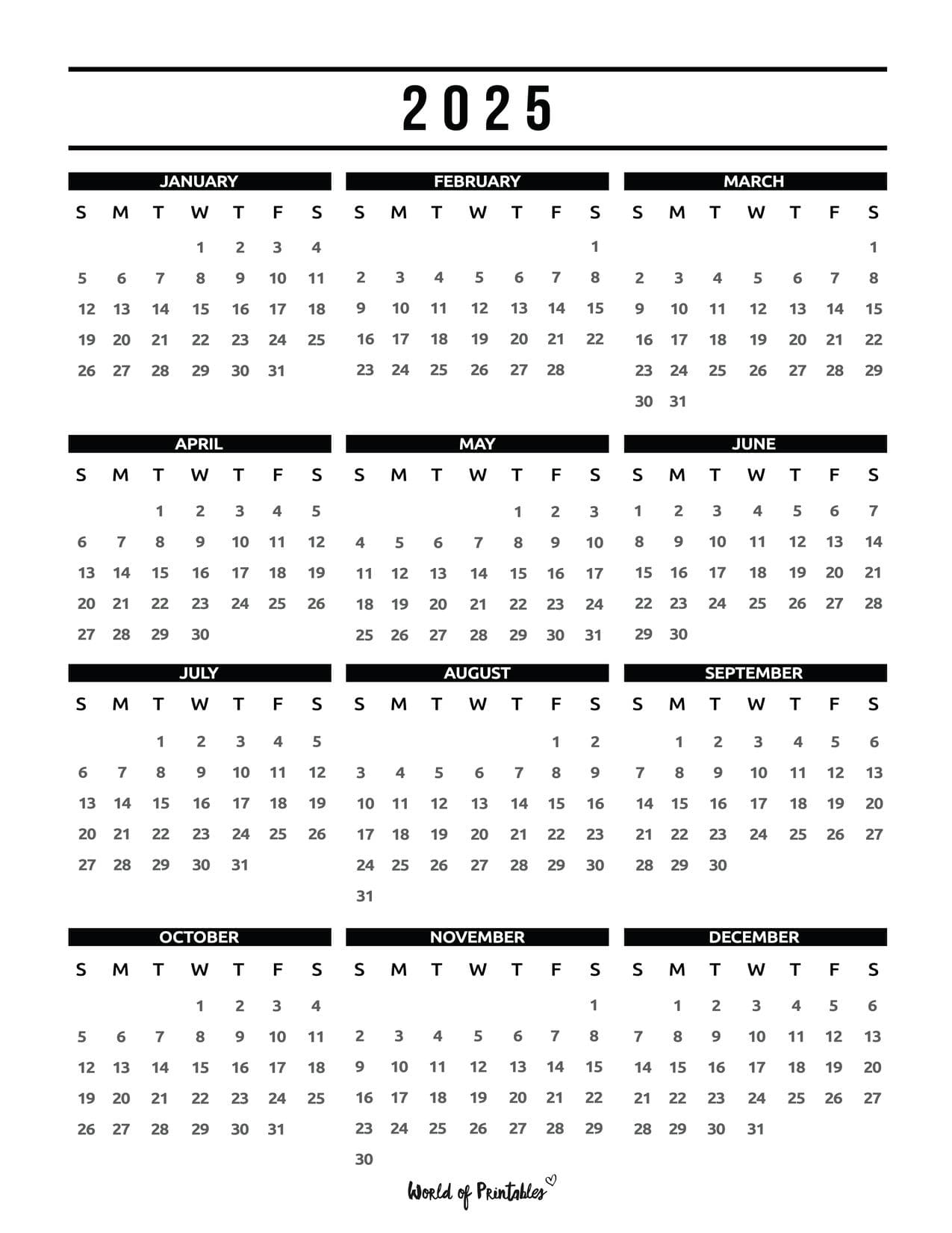 Printable 2025 Calendars