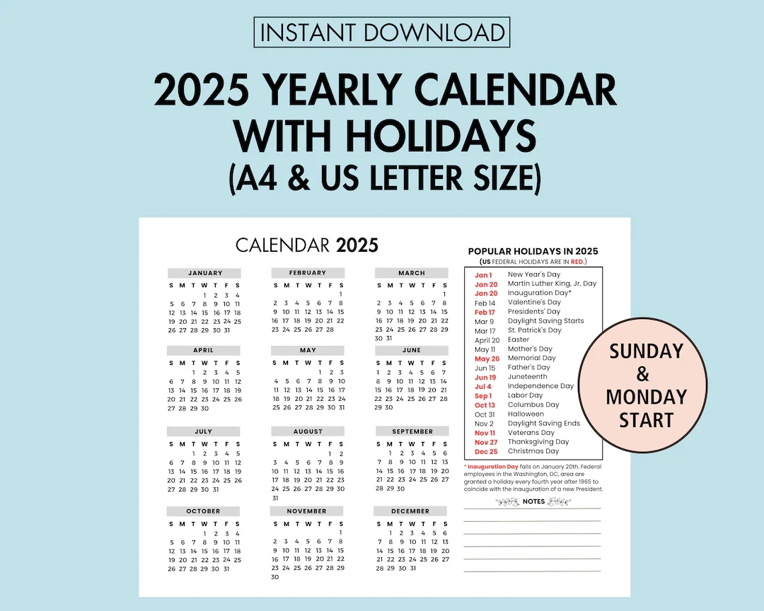 2025 Yearly Calendar With Holiday 2025 Yearly Overview 2025 Year At A Glance Printable 2025 Holiday Calendar Printable Sunday Monday Start Etsy 2025 Yearly Calendar With Holiday 2025 Yearly Overview 2025 Year At A Glance Printable 2025 Holiday Calendar Printable Sunday Monday Start Etsy