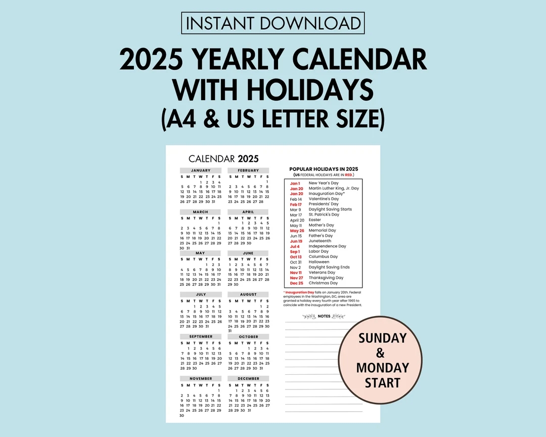 2025 Yearly Calendar With Holidays 2025 Yearly Overview Printable 2025 Year At A Glance 2025 Holiday Calendar PDF Sunday Monday Start Etsy
