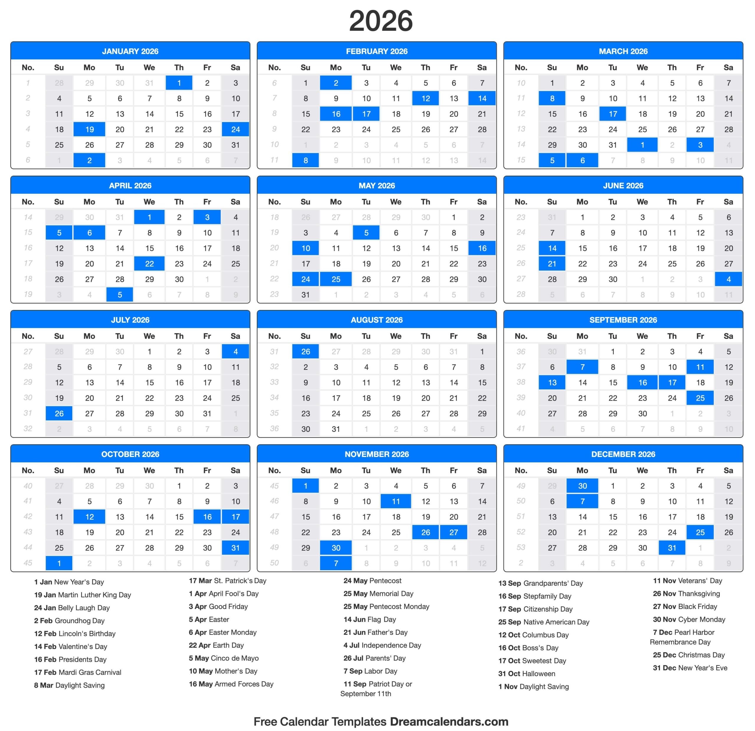 2026 calendar