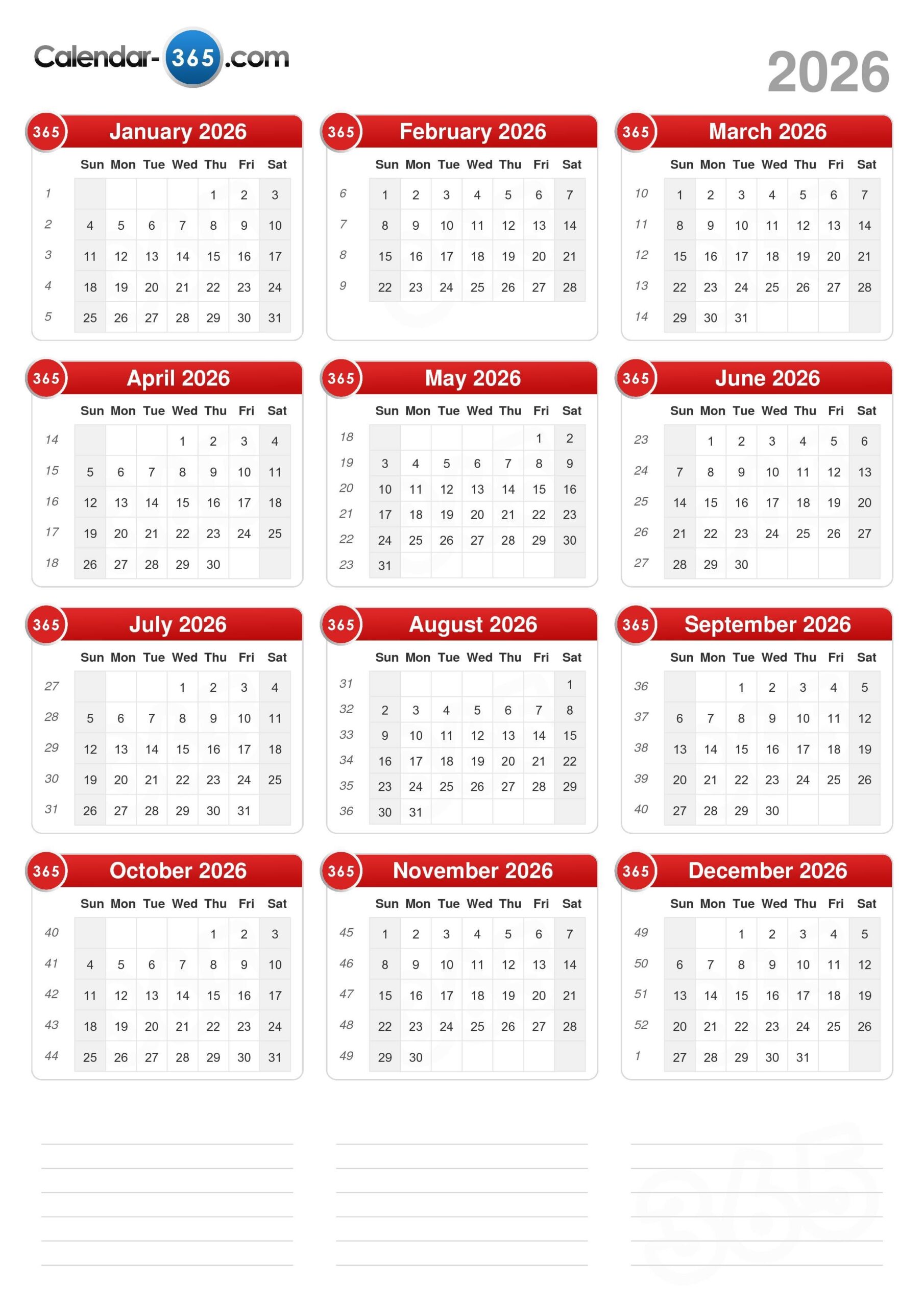 2026 calendar