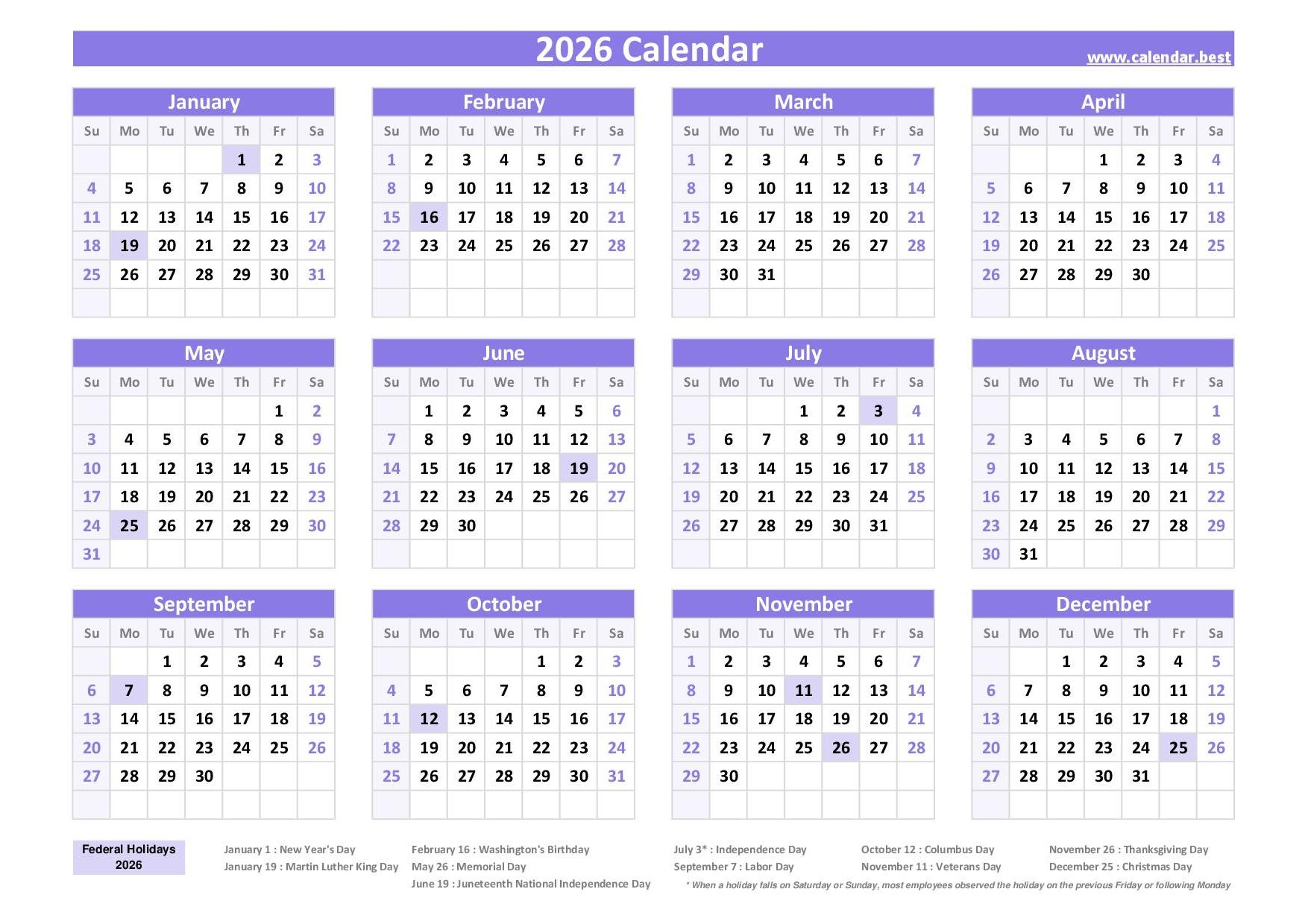 Free Printable July 2026 Calendar With Holidays