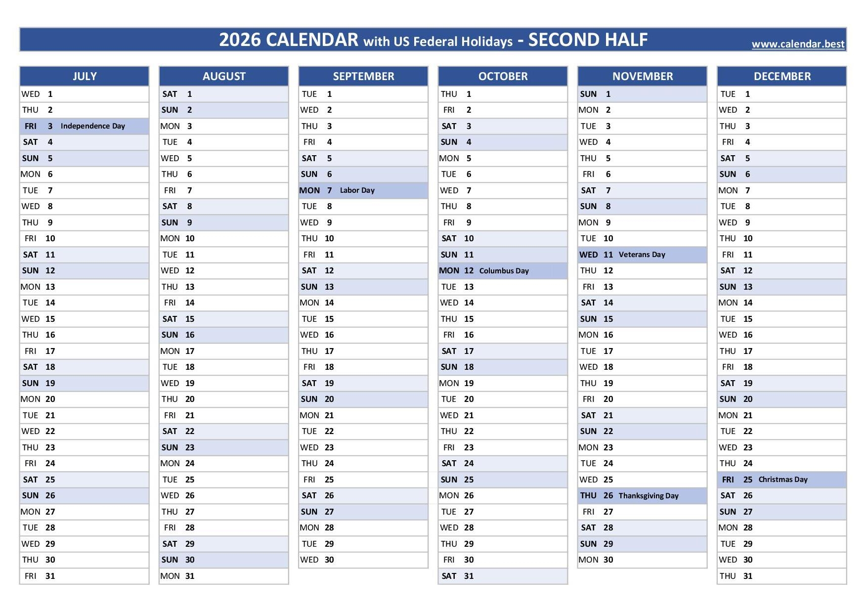 2026 Half Year Calendar To Print