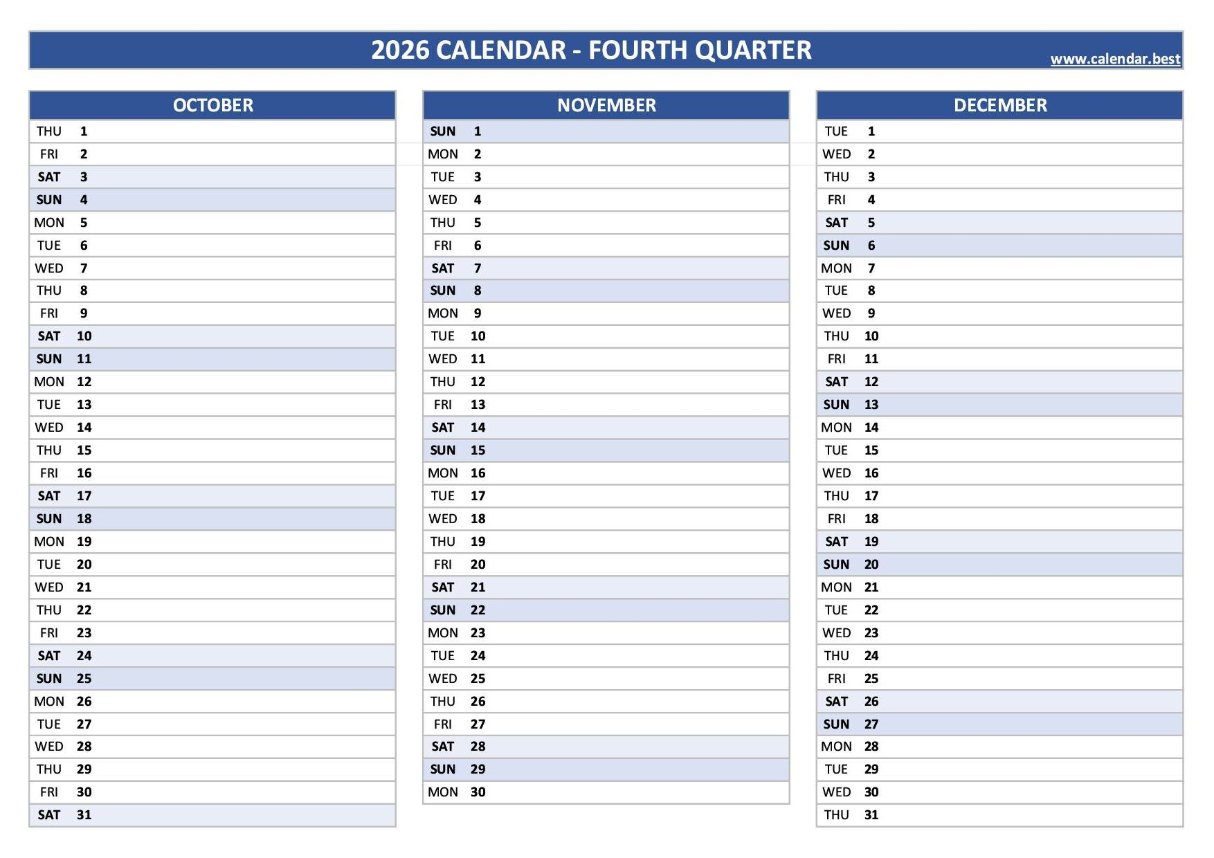 2026 quarterly calendar to print
