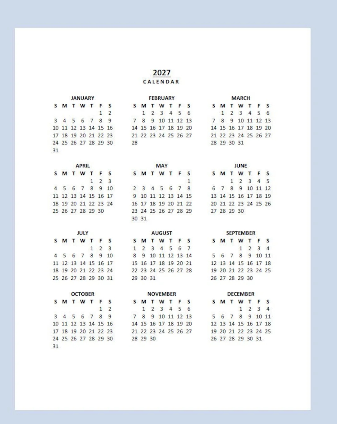 2027 Yearly Calendar Printable Sunday Start Year At A Glance PDF Portrait Etsy