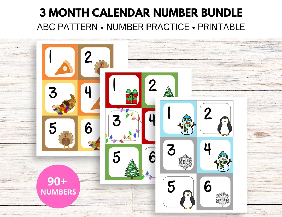 3 Month Printable Calendar Numbers BUNDLE In ABC Pattern november December January Etsy
