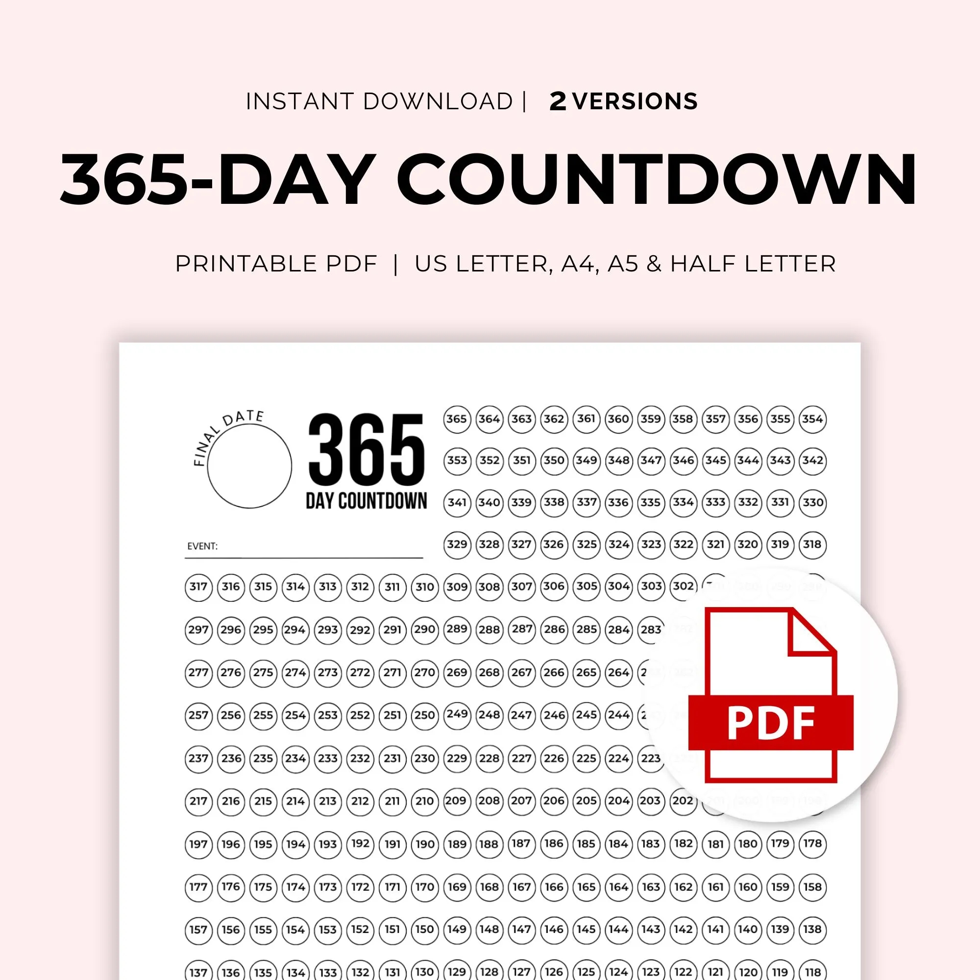 365 Day Countdown Calendar Etsy