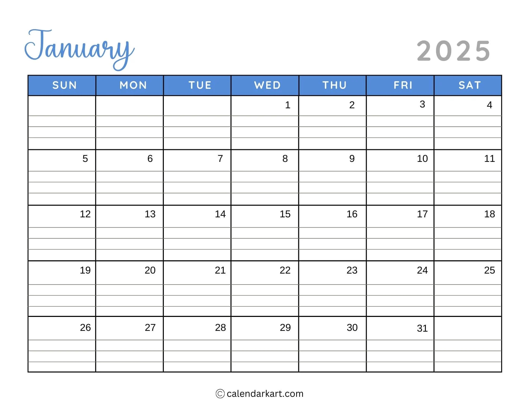 Full Page Printable Monthly Calendar 2025