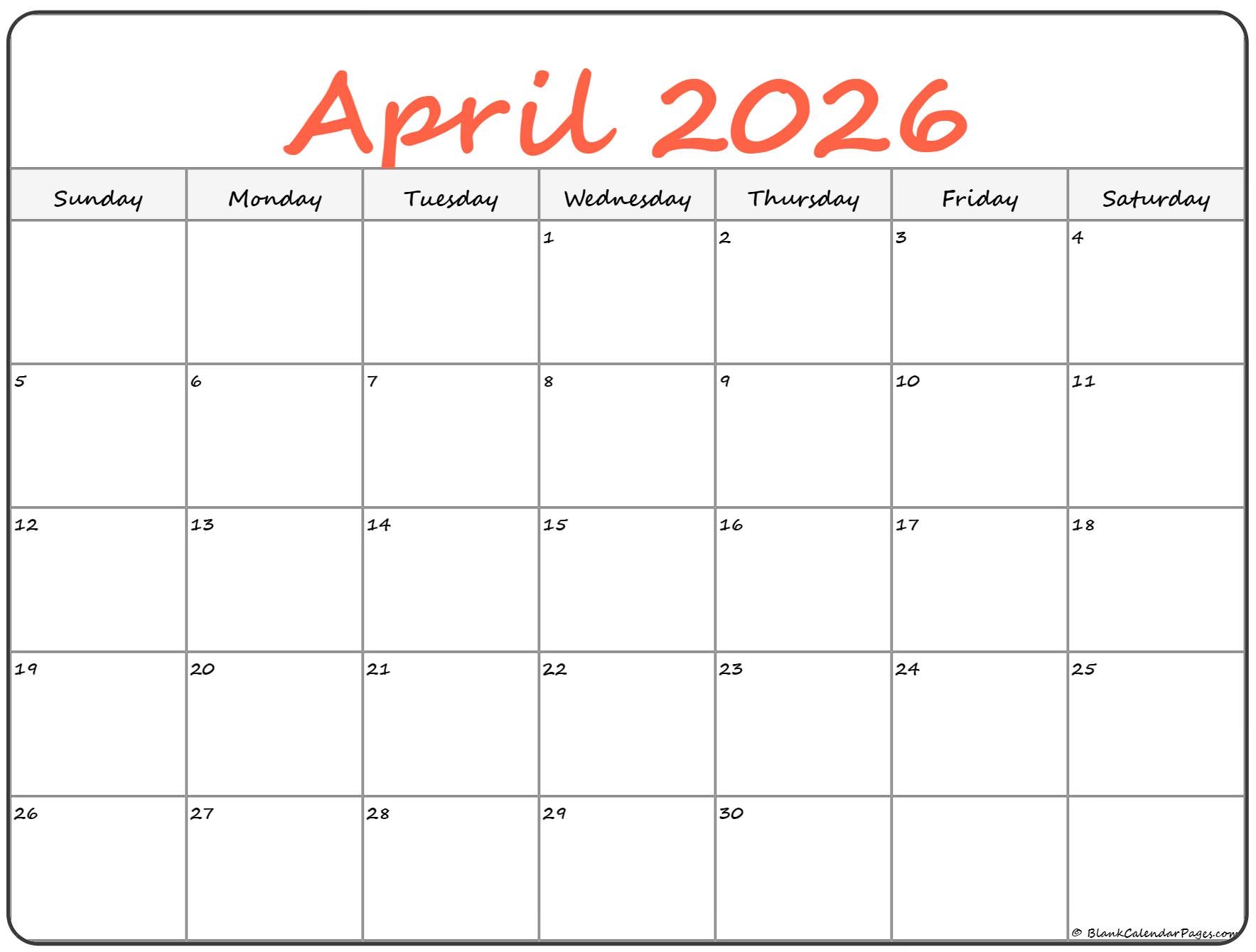 April Calendar 2026 Printable