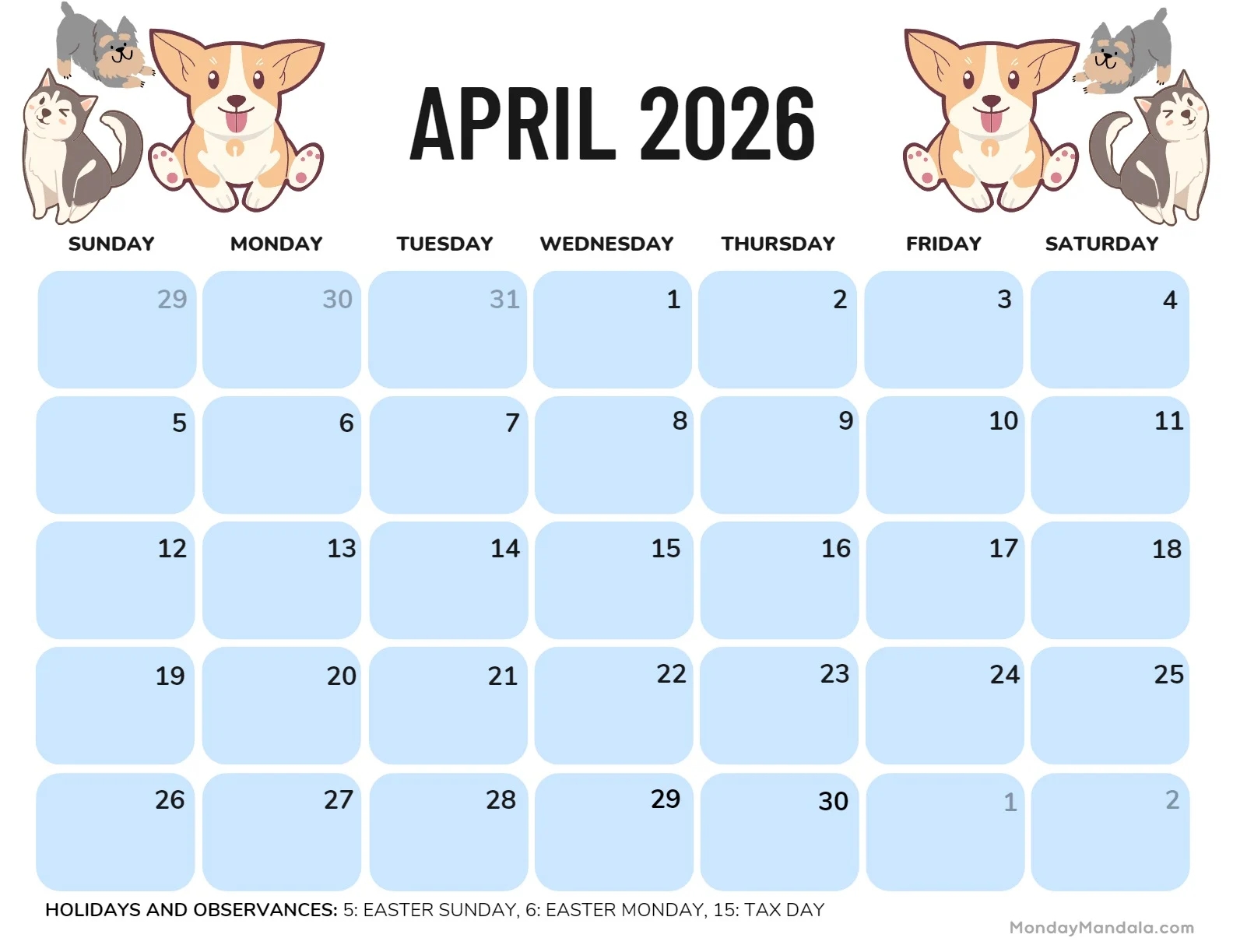 April Printable Calendar 2026