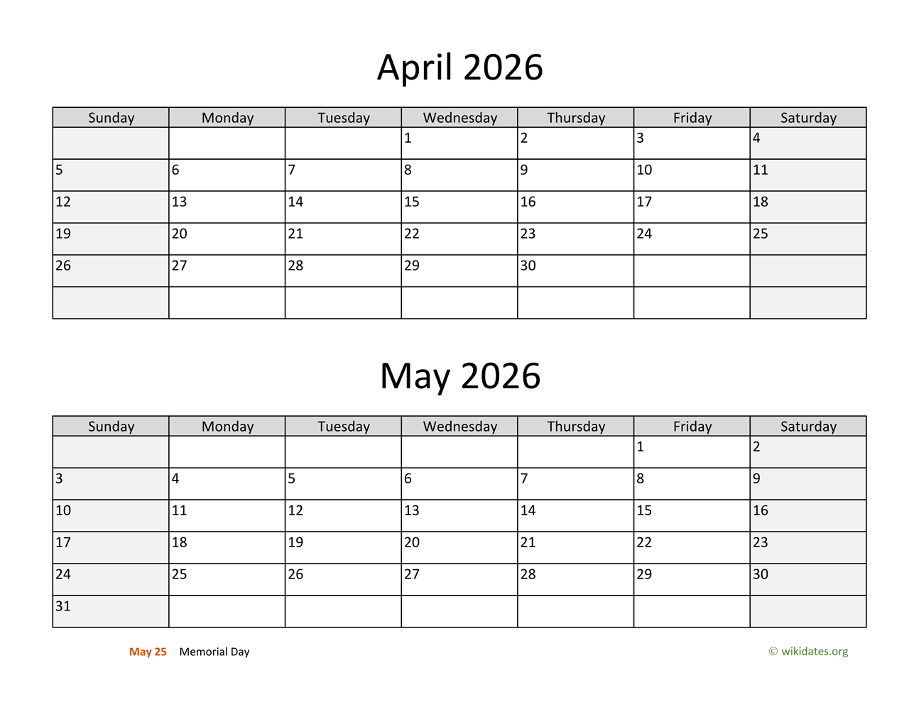 May Calendar 2026 Printable