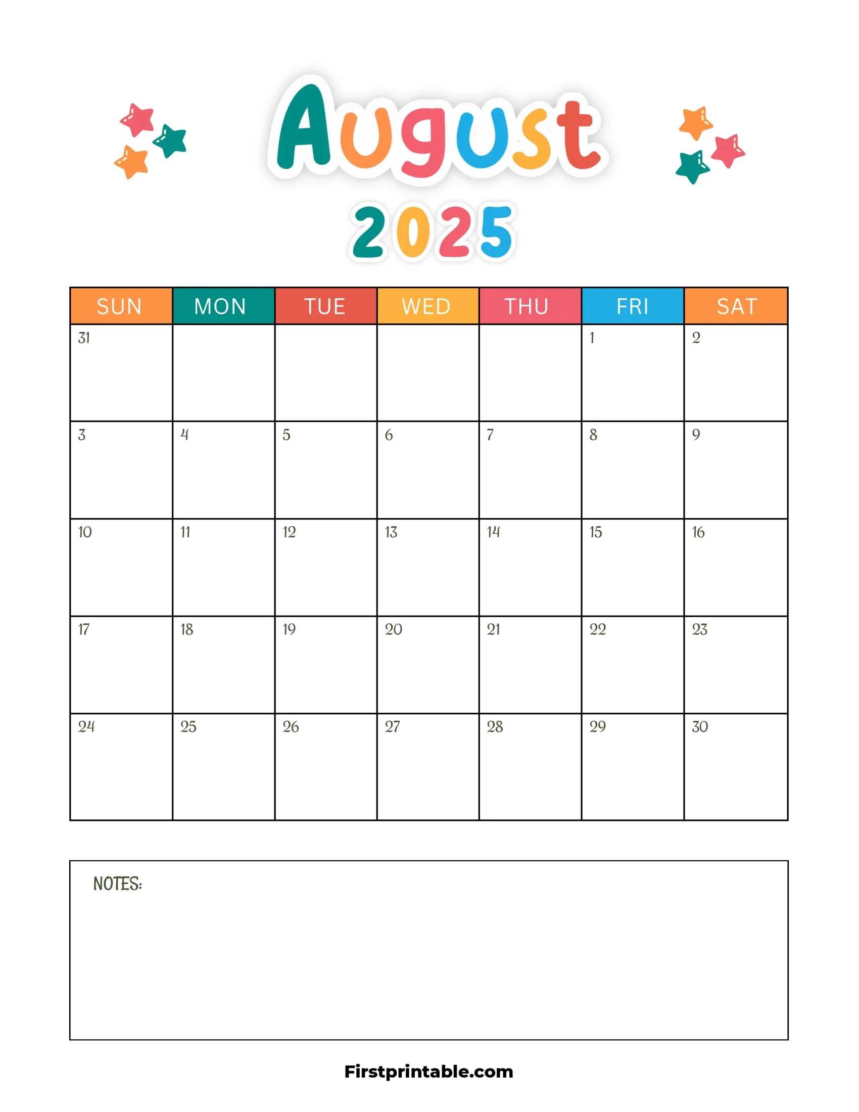 August 2025 Calendars Free Printable Fillable