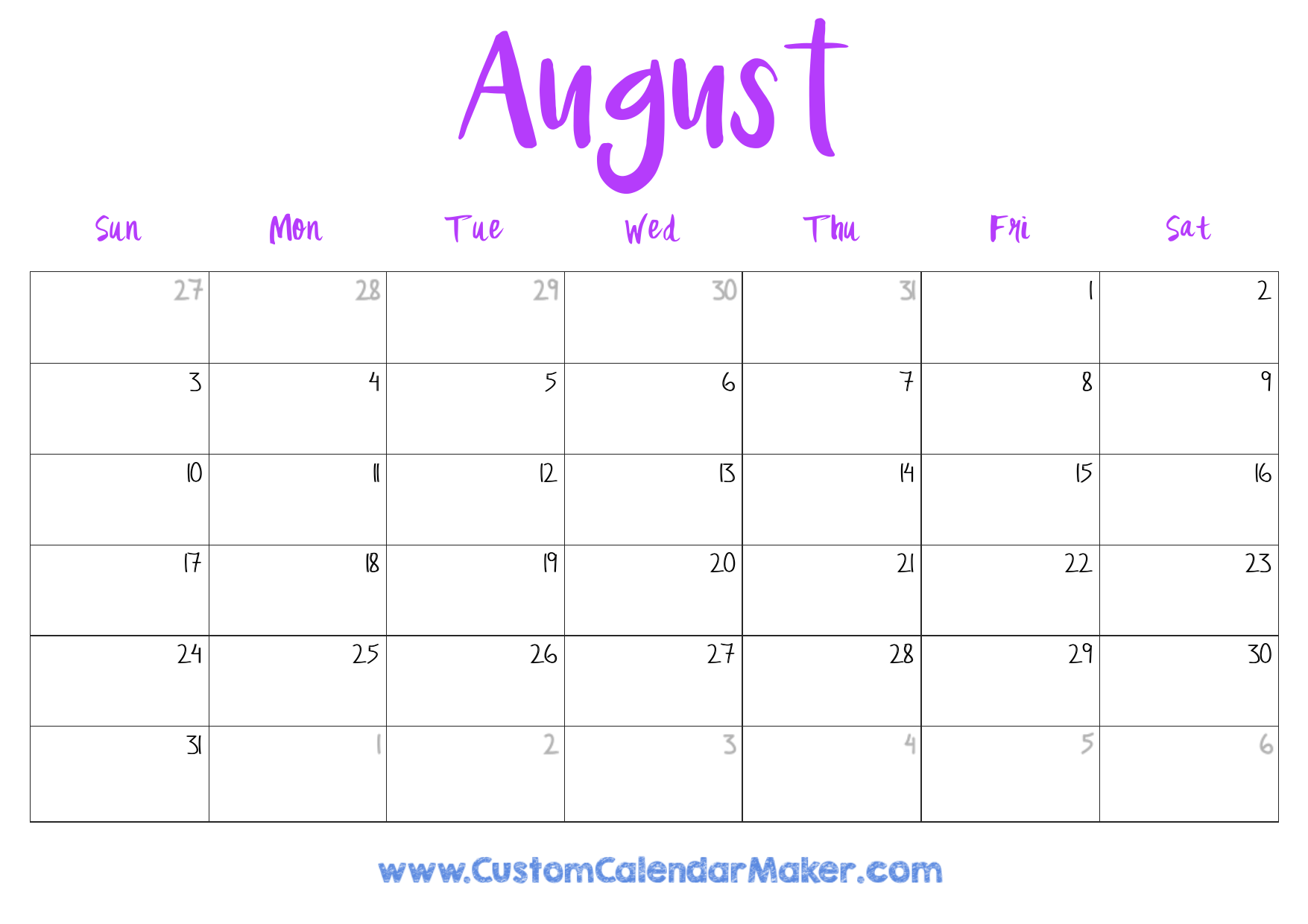 Cute August Calendar 2026 Printable