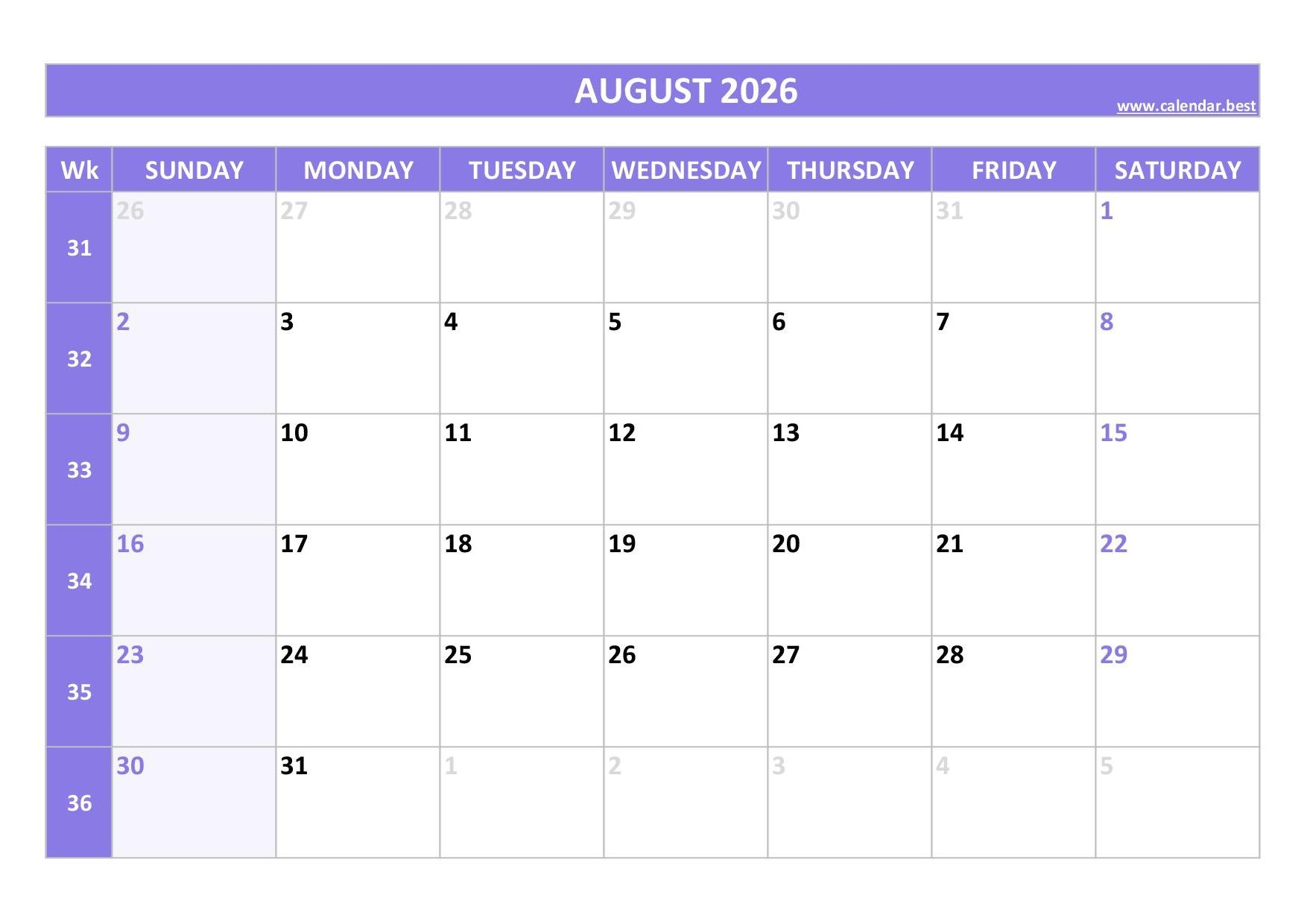 August 2026 Calendar Calendar best