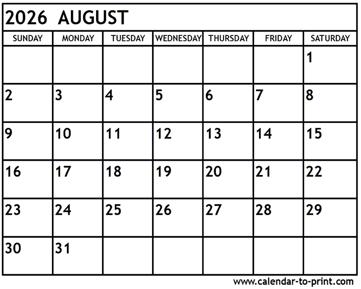 August Through December 2026 Calendar Printable