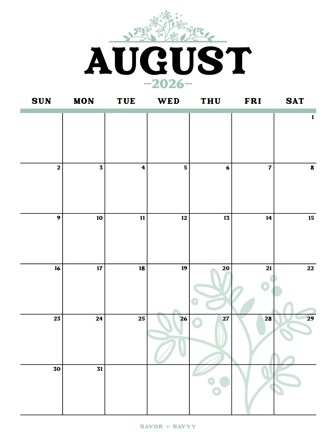 Printable 2026 August Calendar