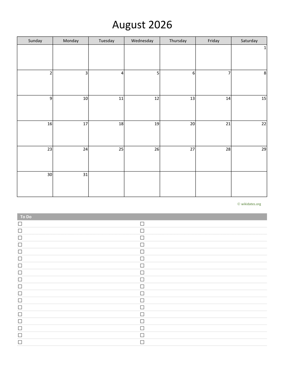 Printable Monthly Calendar August 2026