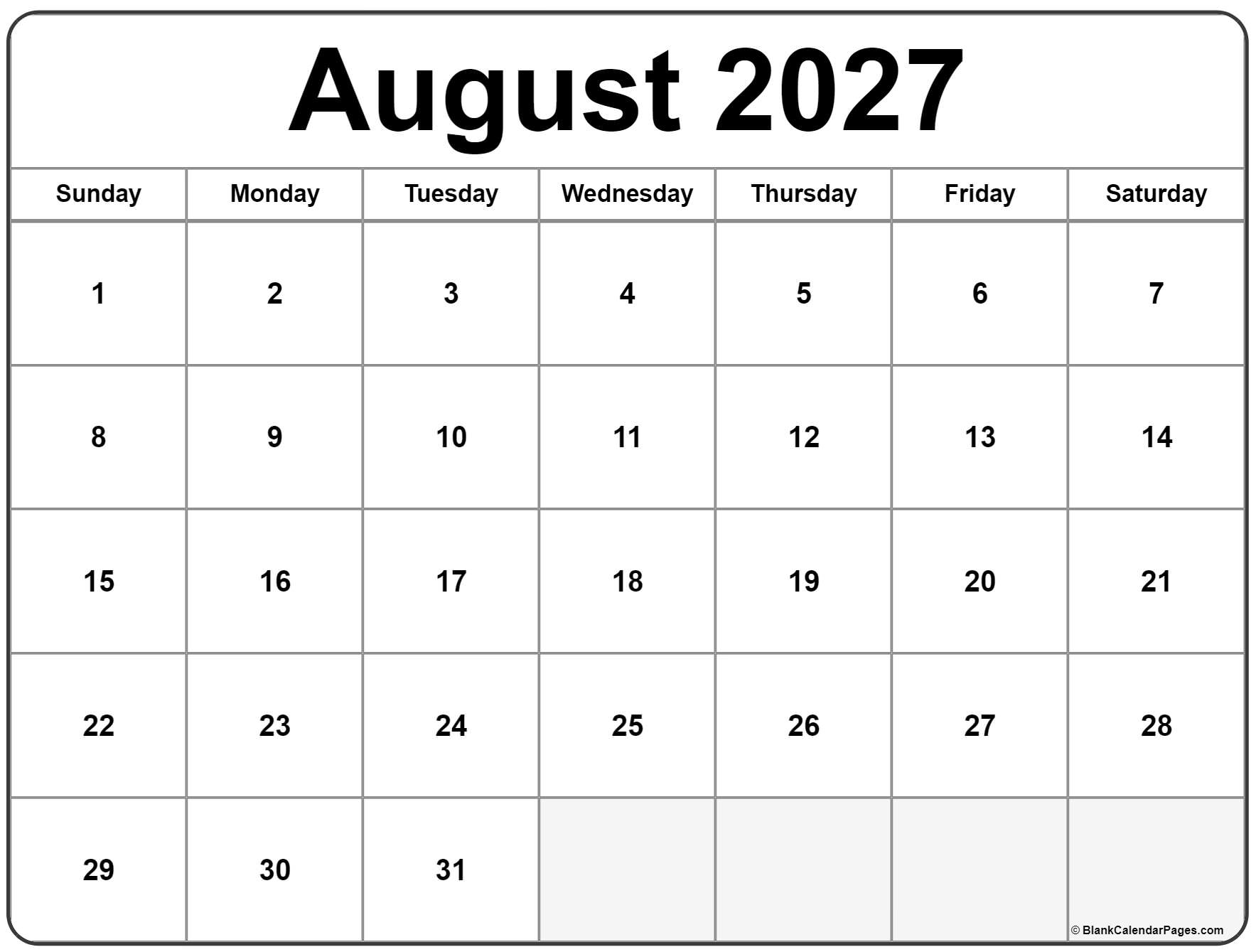 August 2027 Calendar Free Printable Calendars