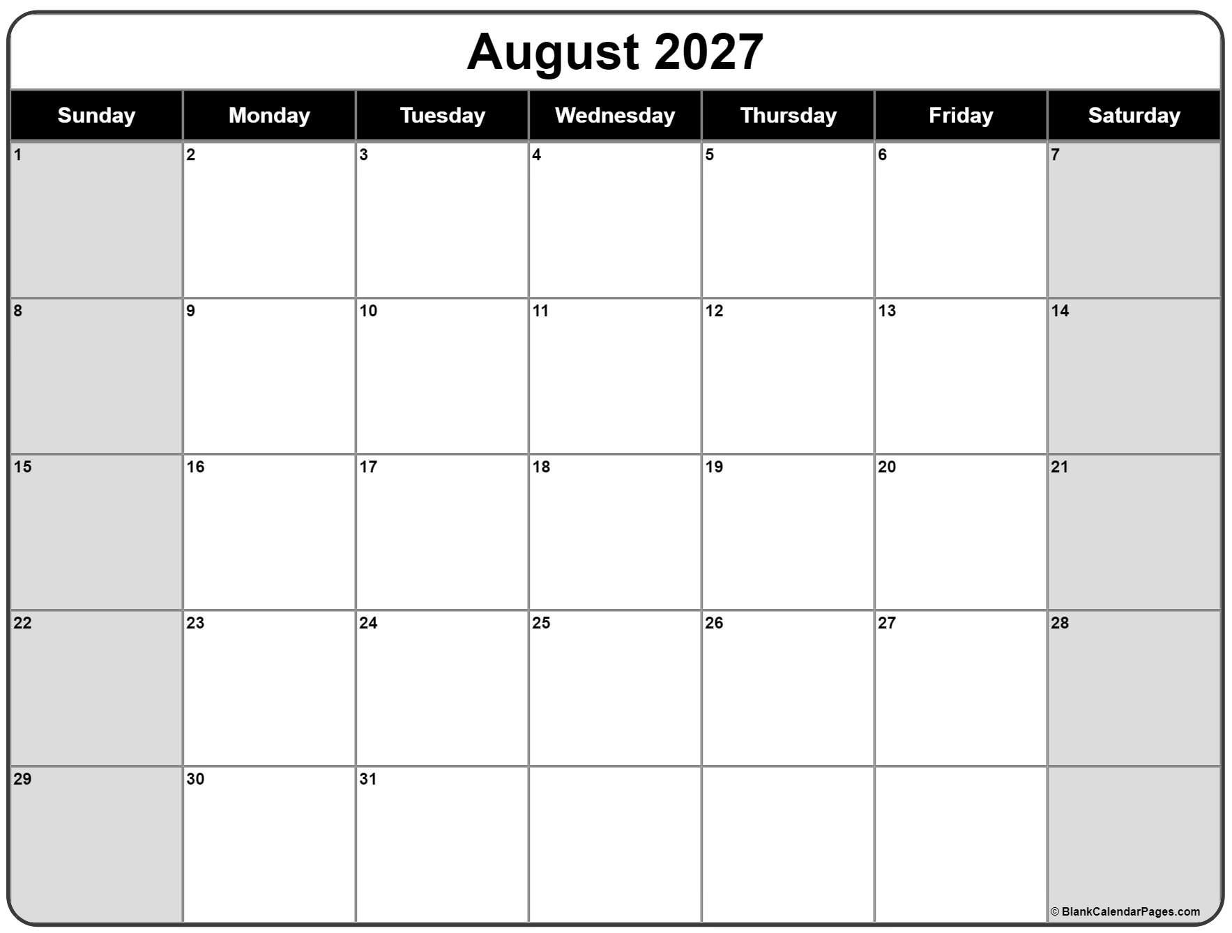 August 2027 Calendar Free Printable Calendars
